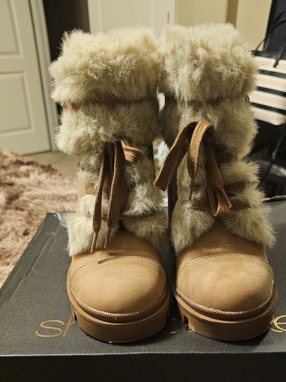 Shoe Dazzle Women's Chestnut Tan Faux Fur Lace-Up With Zipper Boots